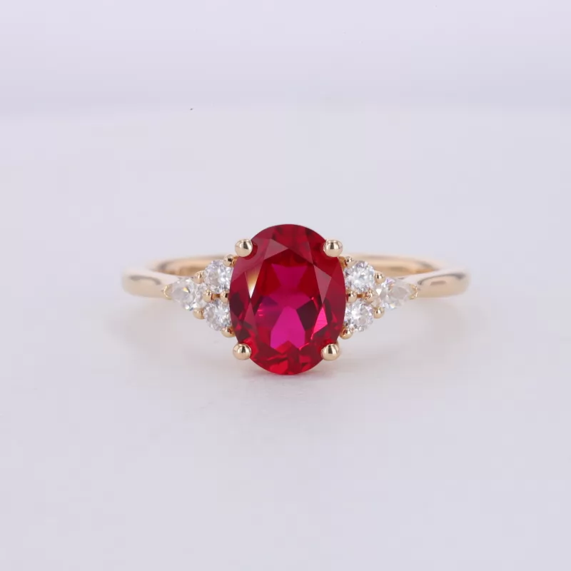 7×9mm Oval Cut Lab Grown Ruby With Side Moissanite 14K Yellow Gold Engagement Ring