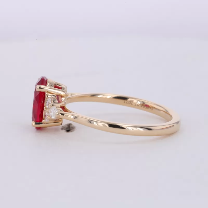 7×9mm Oval Cut Lab Grown Ruby With Side Moissanite 14K Yellow Gold Engagement Ring