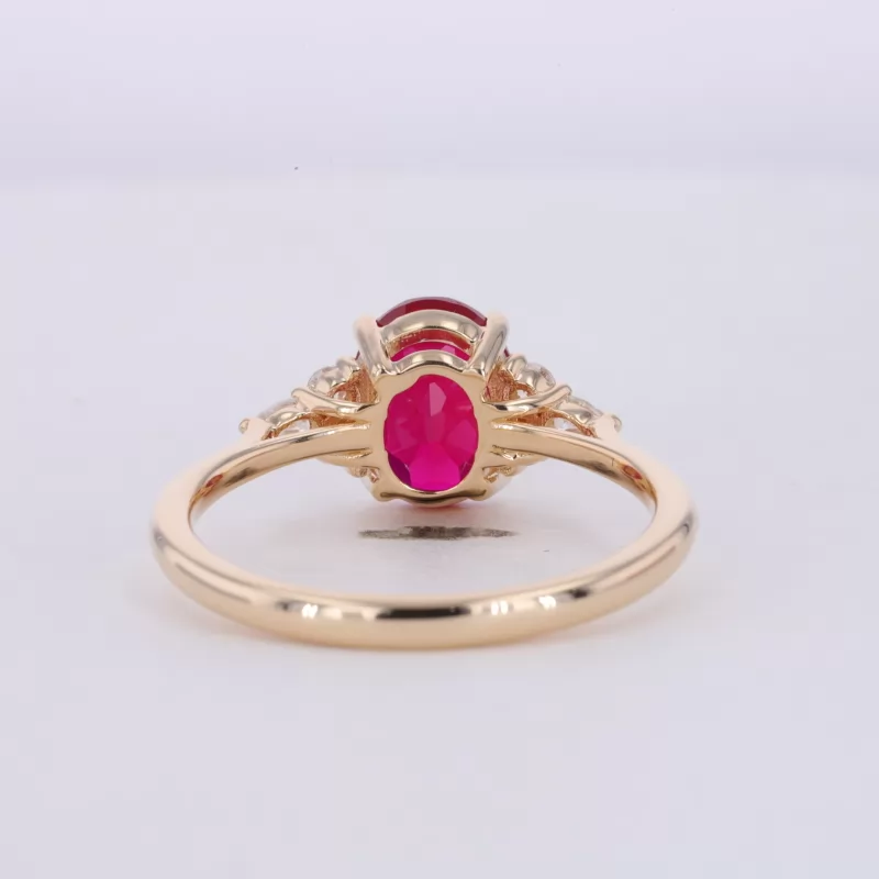 7×9mm Oval Cut Lab Grown Ruby With Side Moissanite 14K Yellow Gold Engagement Ring