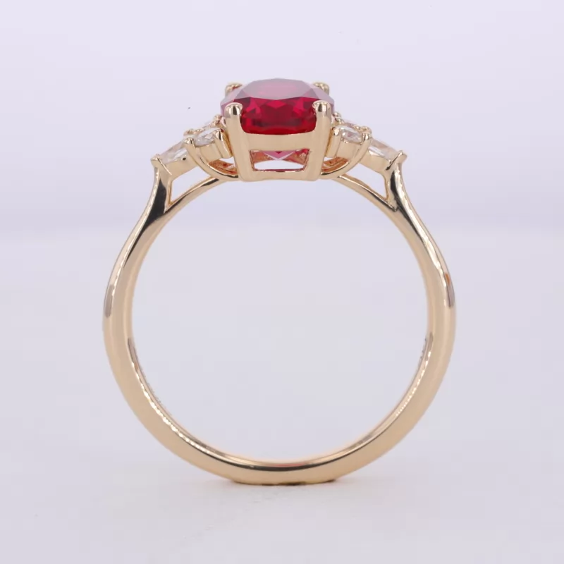 7×9mm Oval Cut Lab Grown Ruby With Side Moissanite 14K Yellow Gold Engagement Ring