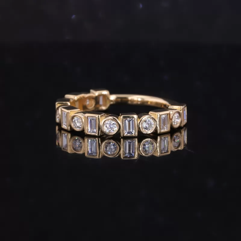 2.5×1.5mm Baguette Step Cut Moissanite & 2.5mm Round Brilliant Cut Moissanite 18K Yellow Gold Fifteen Stone Diamond Ring