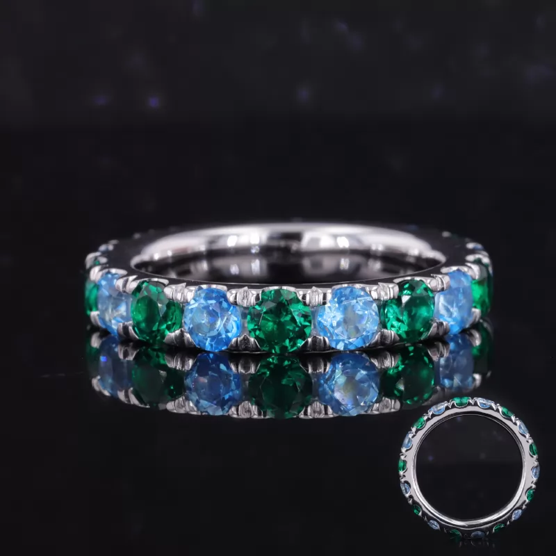 3.5mm Round Brilliant Cut Lab Grown Paraiba Sapphire & Lab Grown Emerald 14K White Gold Diamond Eternity Ring