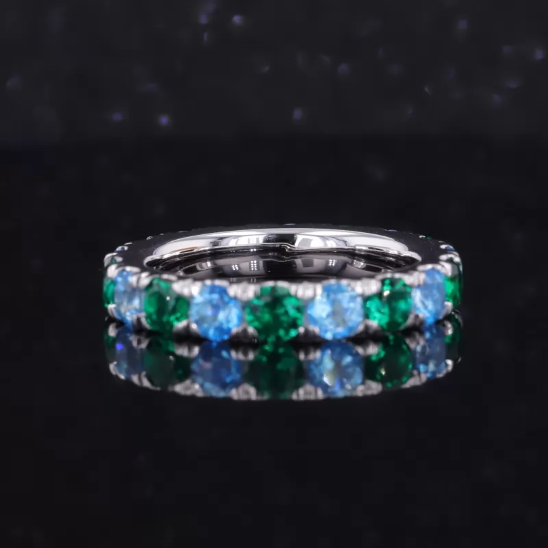 3.5mm Round Brilliant Cut Lab Grown Paraiba Sapphire & Lab Grown Emerald 14K White Gold Diamond Eternity Ring