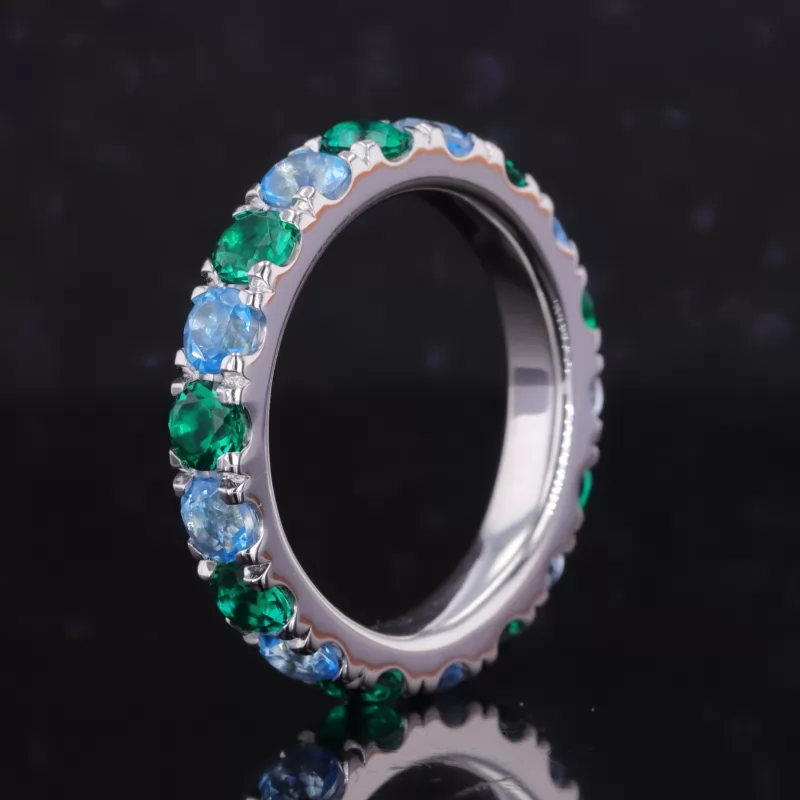 3.5mm Round Brilliant Cut Lab Grown Paraiba Sapphire & Lab Grown Emerald 14K White Gold Diamond Eternity Ring