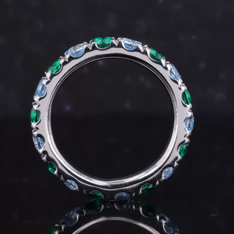 3.5mm Round Brilliant Cut Lab Grown Paraiba Sapphire & Lab Grown Emerald 14K White Gold Diamond Eternity Ring