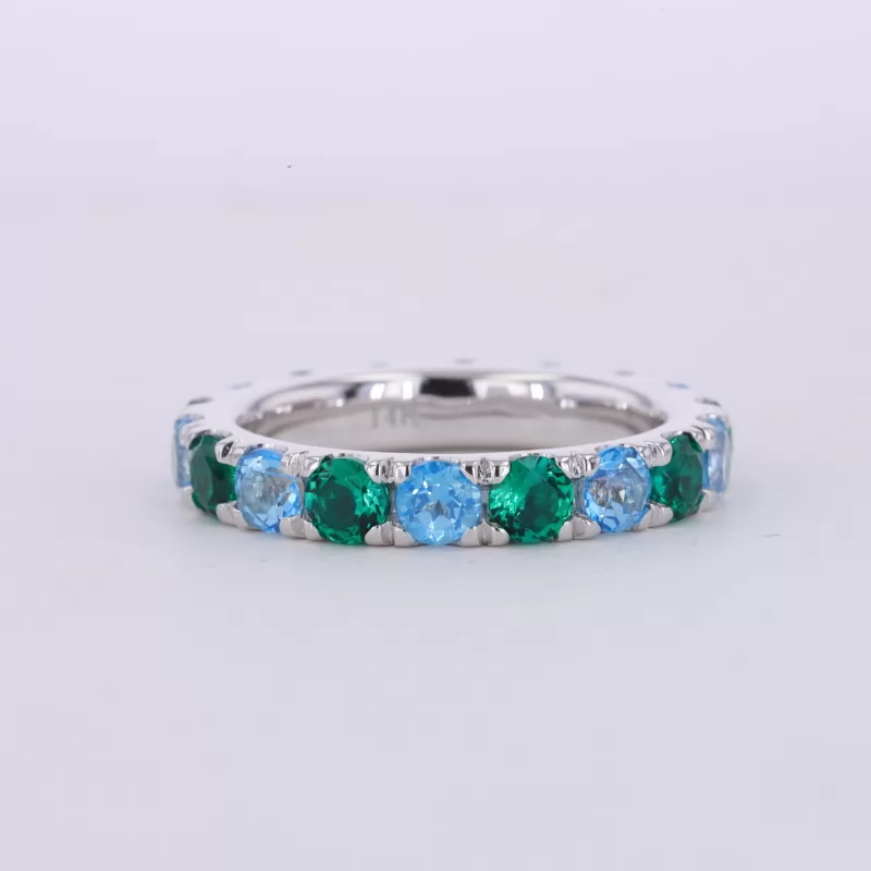 3.5mm Round Brilliant Cut Lab Grown Paraiba Sapphire & Lab Grown Emerald 14K White Gold Diamond Eternity Ring