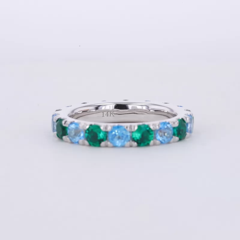 3.5mm Round Brilliant Cut Lab Grown Paraiba Sapphire & Lab Grown Emerald 14K White Gold Diamond Eternity Ring