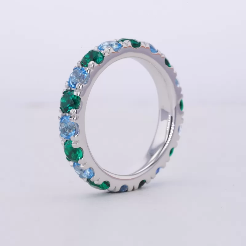 3.5mm Round Brilliant Cut Lab Grown Paraiba Sapphire & Lab Grown Emerald 14K White Gold Diamond Eternity Ring