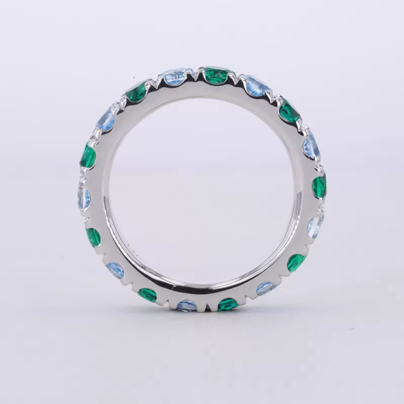 3.5mm Round Brilliant Cut Lab Grown Paraiba Sapphire & Lab Grown Emerald 14K White Gold Diamond Eternity Ring