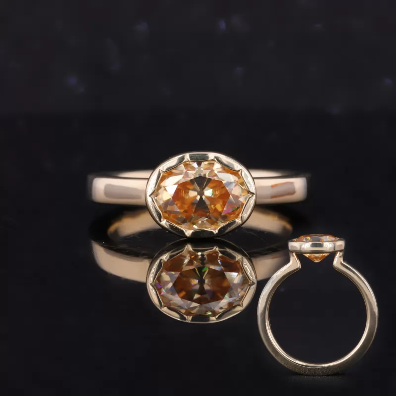 6×8mm Oval Cut Orange Color Moissanite Bezel Set 10K Yellow Gold Solitaire Engagement Ring