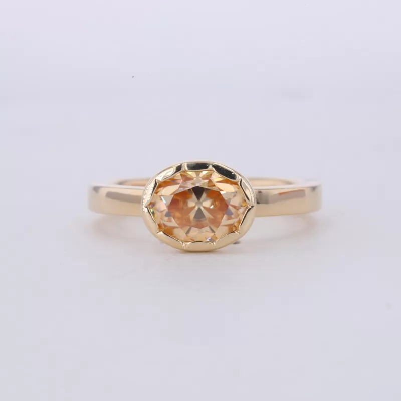 6×8mm Oval Cut Orange Color Moissanite Bezel Set 10K Yellow Gold Solitaire Engagement Ring