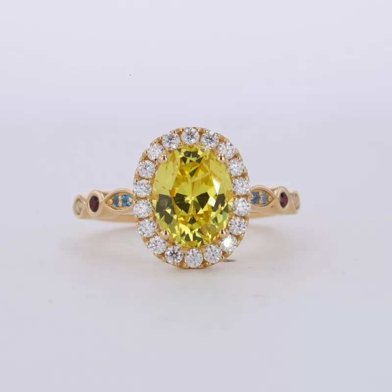 7×9mm Oval Cut Lab Grown Yellow Sapphire 18K Yellow Gold Halo Engagement Ring