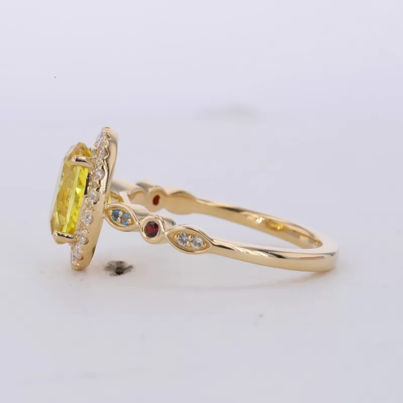 7×9mm Oval Cut Lab Grown Yellow Sapphire 18K Yellow Gold Halo Engagement Ring