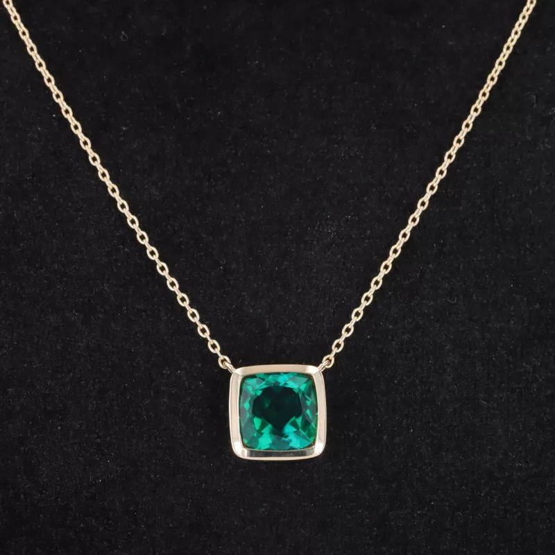 8×8mm Princess Cut Lab Grown Emerald Bezel Set 9K Yellow Gold Diamond Pendant Necklace