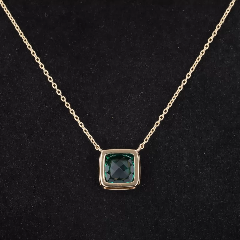 8×8mm Princess Cut Lab Grown Emerald Bezel Set 9K Yellow Gold Diamond Pendant Necklace