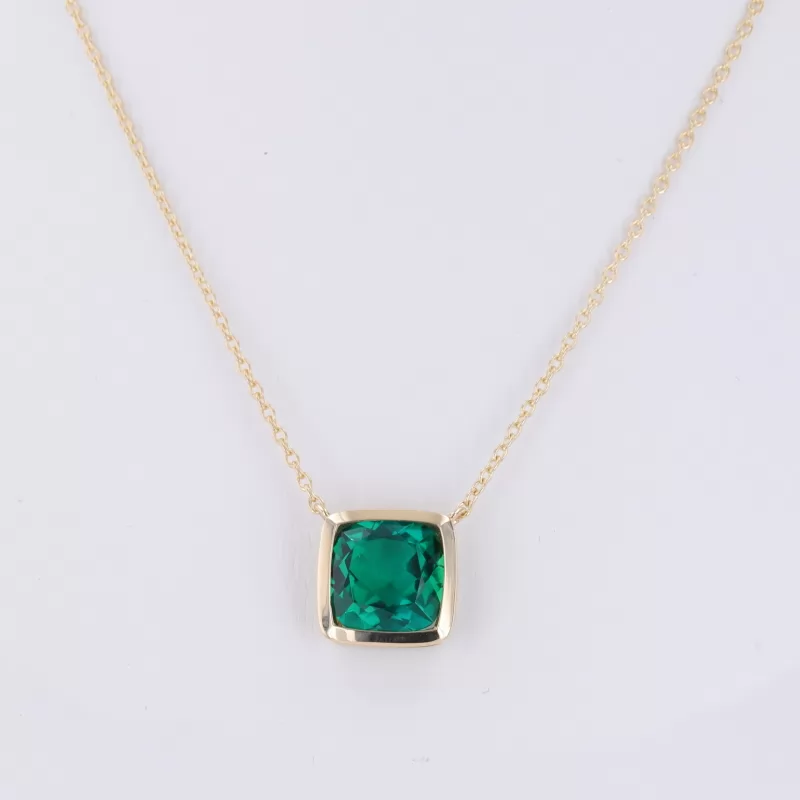 8×8mm Princess Cut Lab Grown Emerald Bezel Set 9K Yellow Gold Diamond Pendant Necklace