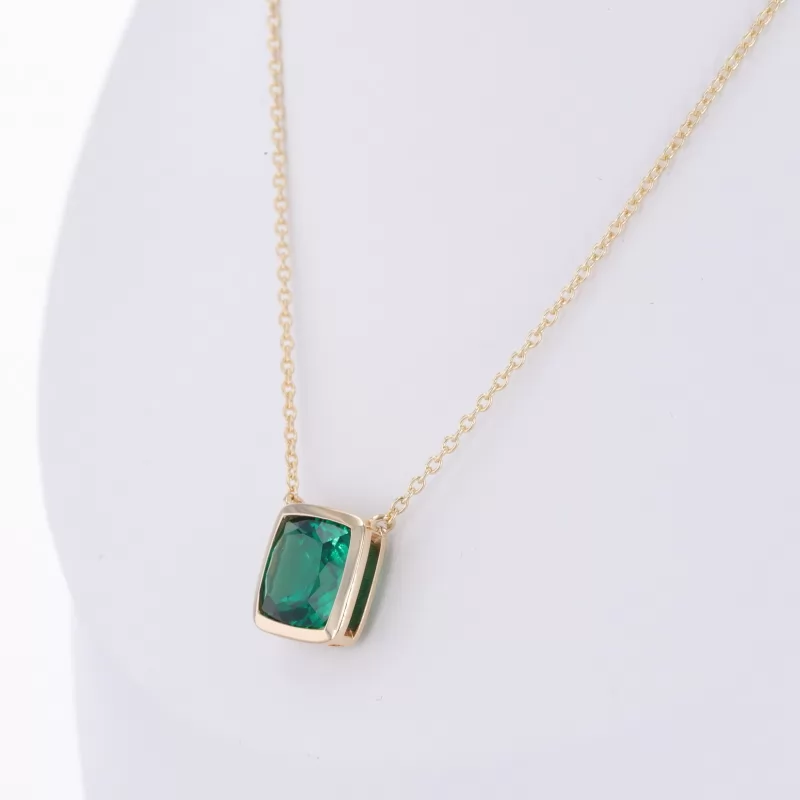 8×8mm Princess Cut Lab Grown Emerald Bezel Set 9K Yellow Gold Diamond Pendant Necklace
