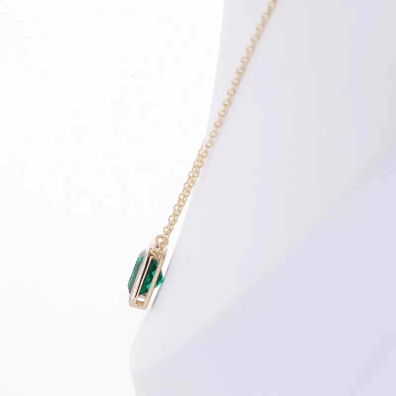 8×8mm Princess Cut Lab Grown Emerald Bezel Set 9K Yellow Gold Diamond Pendant Necklace