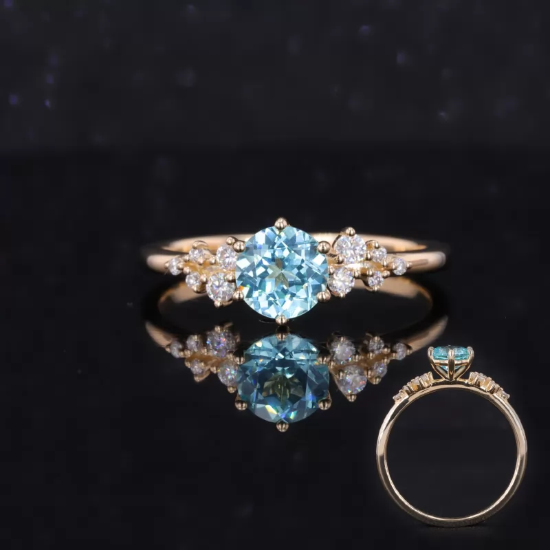 6mm Round Brilliant Cut Lab Grown Paraiba Sapphire With Side Moissanite 14K Yellow Gold Engagement Ring