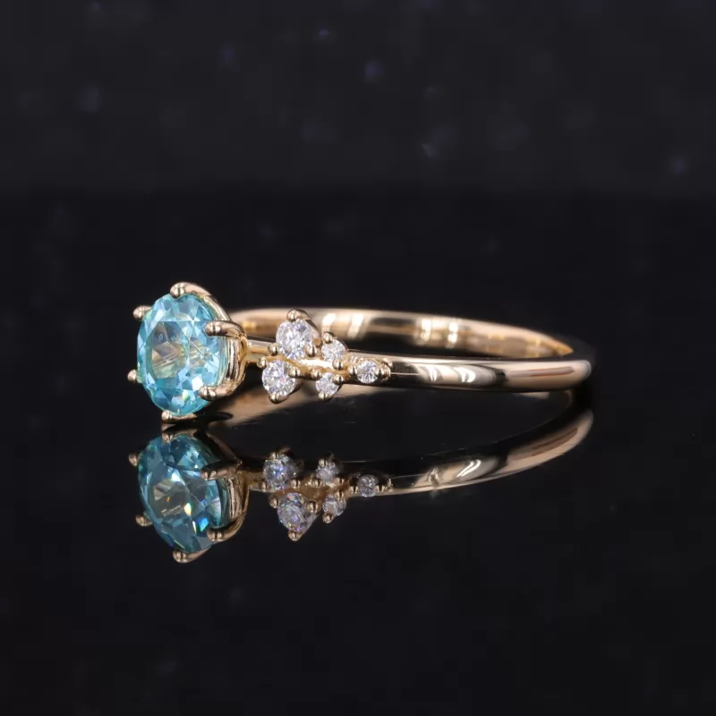 6mm Round Brilliant Cut Lab Grown Paraiba Sapphire With Side Moissanite 14K Yellow Gold Engagement Ring