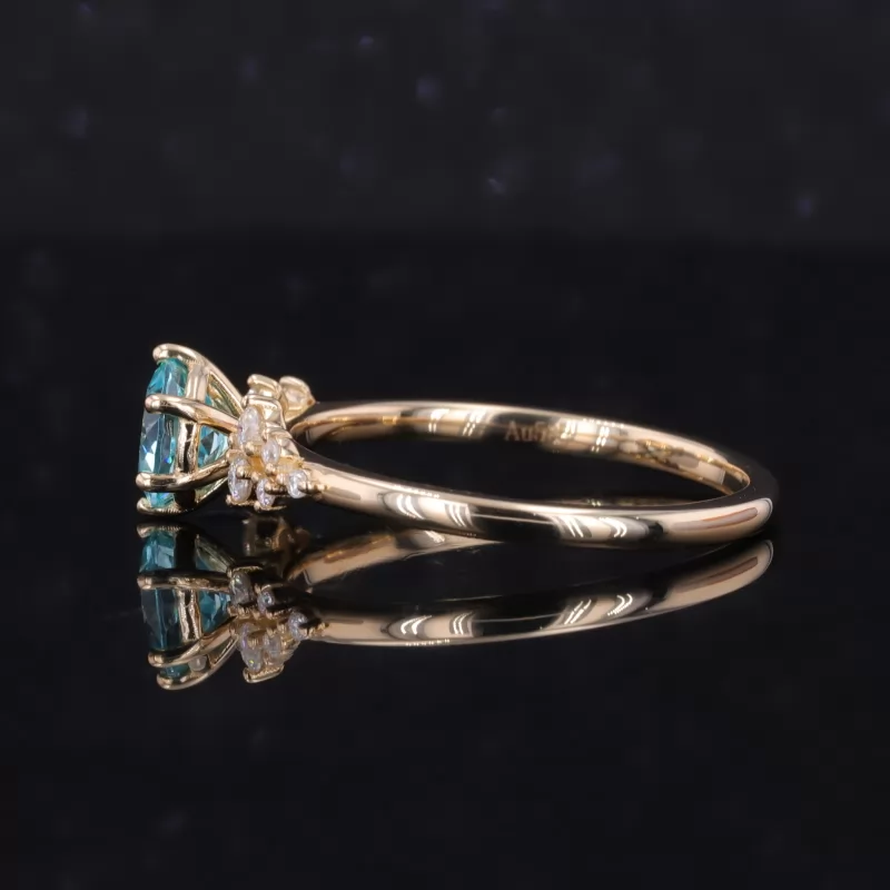 6mm Round Brilliant Cut Lab Grown Paraiba Sapphire With Side Moissanite 14K Yellow Gold Engagement Ring