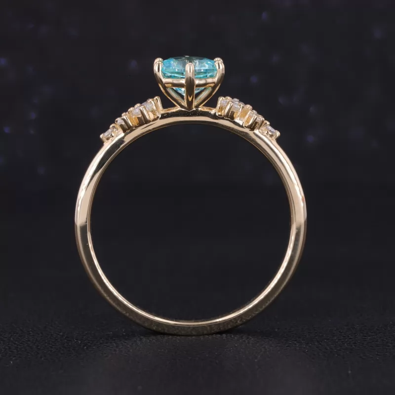 6mm Round Brilliant Cut Lab Grown Paraiba Sapphire With Side Moissanite 14K Yellow Gold Engagement Ring