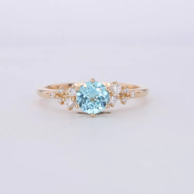 6mm Round Brilliant Cut Lab Grown Paraiba Sapphire With Side Moissanite 14K Yellow Gold Engagement Ring