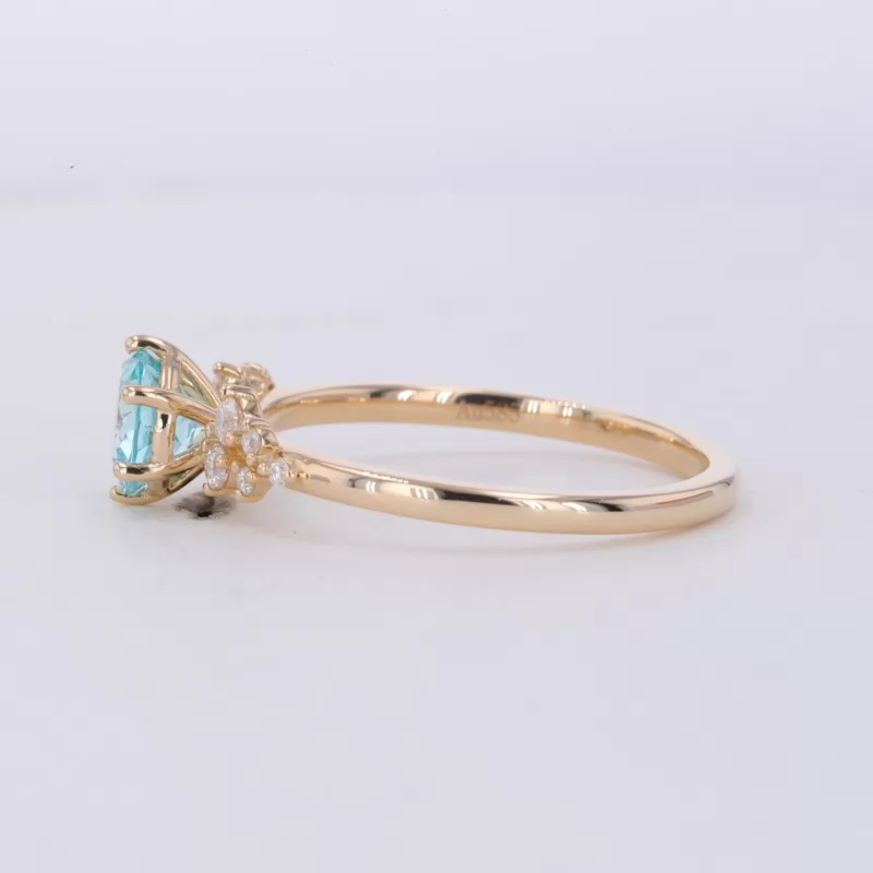 6mm Round Brilliant Cut Lab Grown Paraiba Sapphire With Side Moissanite 14K Yellow Gold Engagement Ring