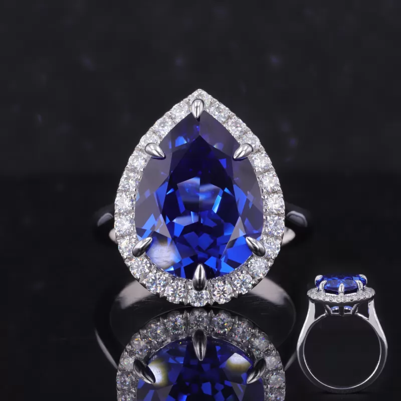 11×15mm Pear Cut Lab Grown Sapphire 14K White Gold Halo Engagement Ring