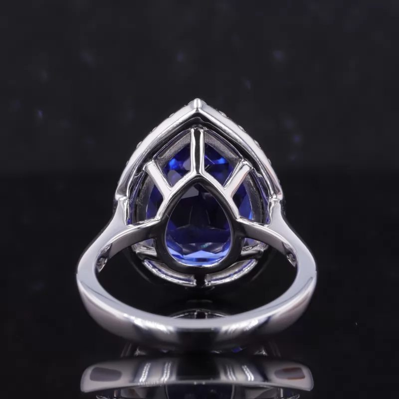 11×15mm Pear Cut Lab Grown Sapphire 14K White Gold Halo Engagement Ring