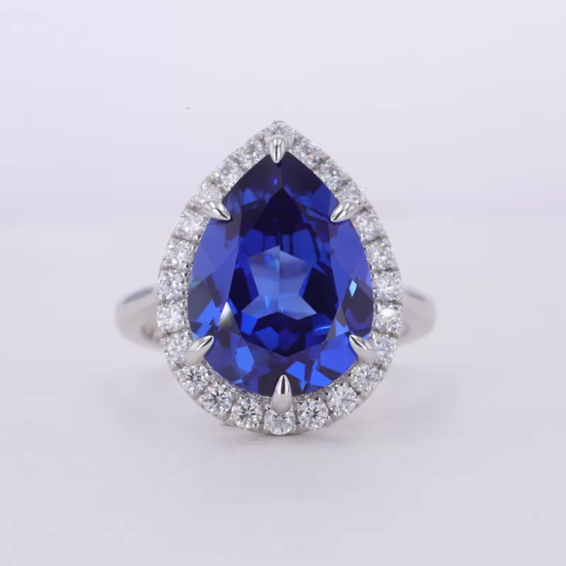 11×15mm Pear Cut Lab Grown Sapphire 14K White Gold Halo Engagement Ring