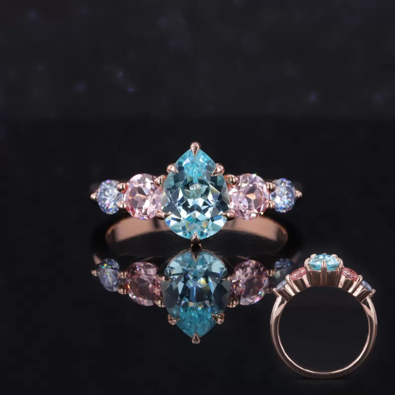 6×8mm Pear Cut Lab Grown Paraiba Sapphire With Side Moissanite 10K Rose Gold Engagement Ring
