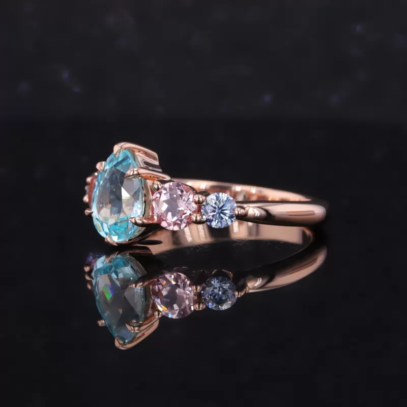 6×8mm Pear Cut Lab Grown Paraiba Sapphire With Side Moissanite 10K Rose Gold Engagement Ring