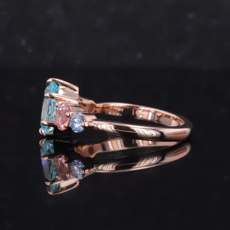 6×8mm Pear Cut Lab Grown Paraiba Sapphire With Side Moissanite 10K Rose Gold Engagement Ring