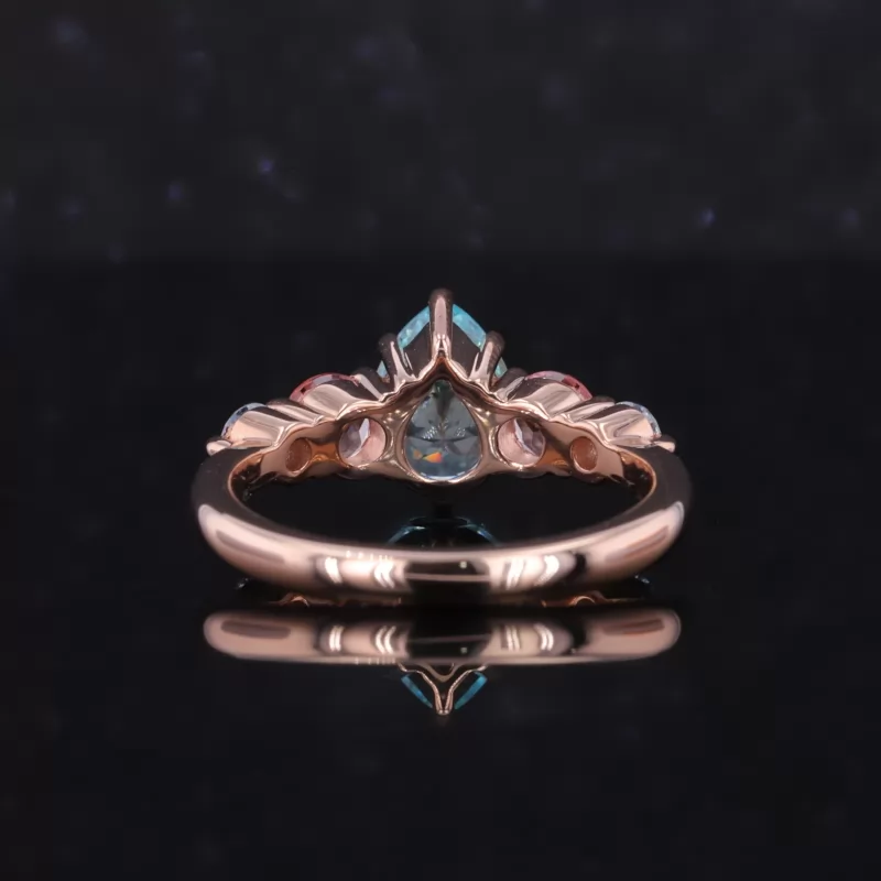 6×8mm Pear Cut Lab Grown Paraiba Sapphire With Side Moissanite 10K Rose Gold Engagement Ring