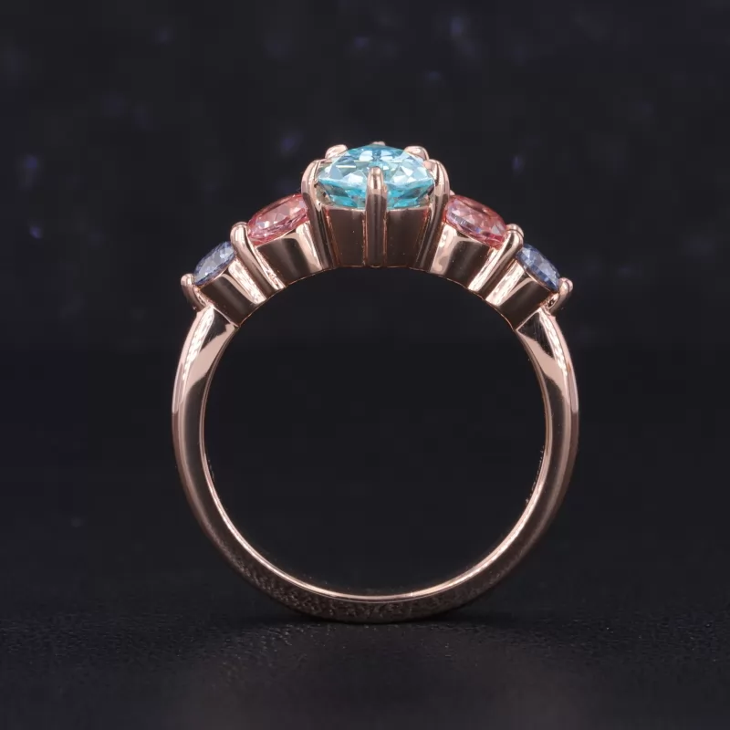 6×8mm Pear Cut Lab Grown Paraiba Sapphire With Side Moissanite 10K Rose Gold Engagement Ring