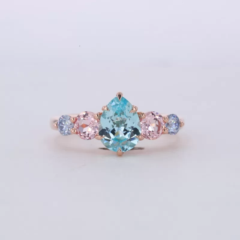 6×8mm Pear Cut Lab Grown Paraiba Sapphire With Side Moissanite 10K Rose Gold Engagement Ring
