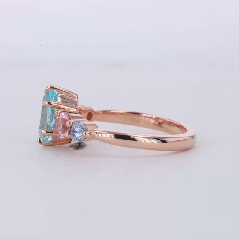 6×8mm Pear Cut Lab Grown Paraiba Sapphire With Side Moissanite 10K Rose Gold Engagement Ring