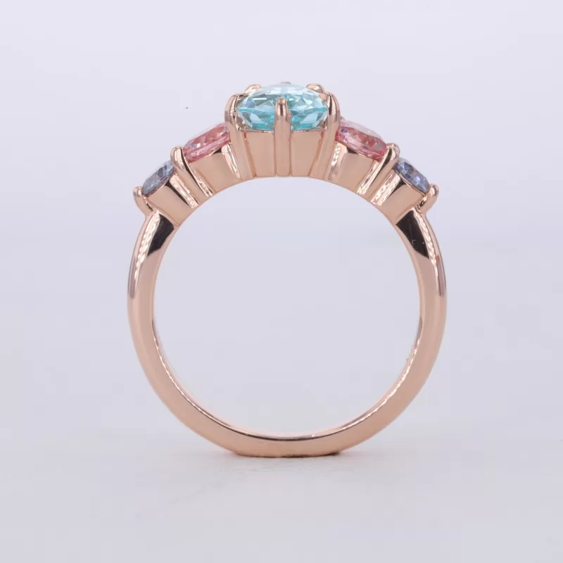 6×8mm Pear Cut Lab Grown Paraiba Sapphire With Side Moissanite 10K Rose Gold Engagement Ring