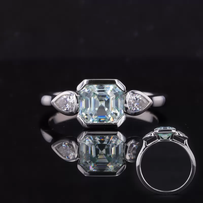 7×7mm Asscher Cut Lab Gemstones Three Stone Engagement Rings