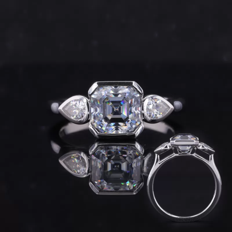 7×7mm Asscher Cut Lab Gemstones Three Stone Engagement Rings