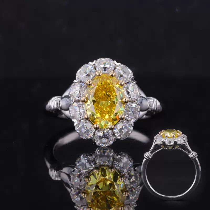 9.01×6.7mm Oval Cut Yellow Color Lab Grown Diamond 14K White Gold Halo Engagement Ring