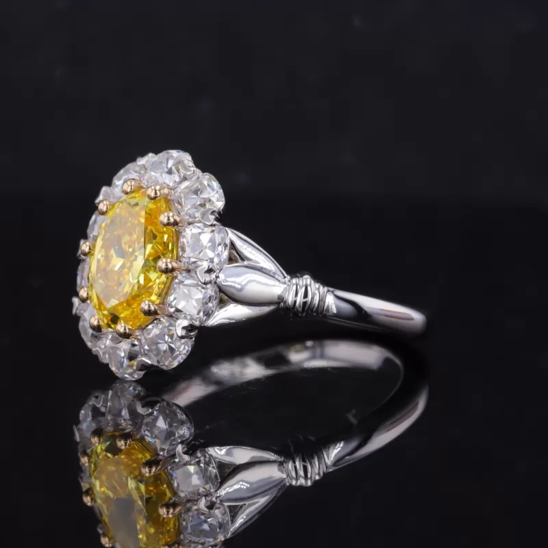9.01×6.7mm Oval Cut Yellow Color Lab Grown Diamond 14K White Gold Halo Engagement Ring