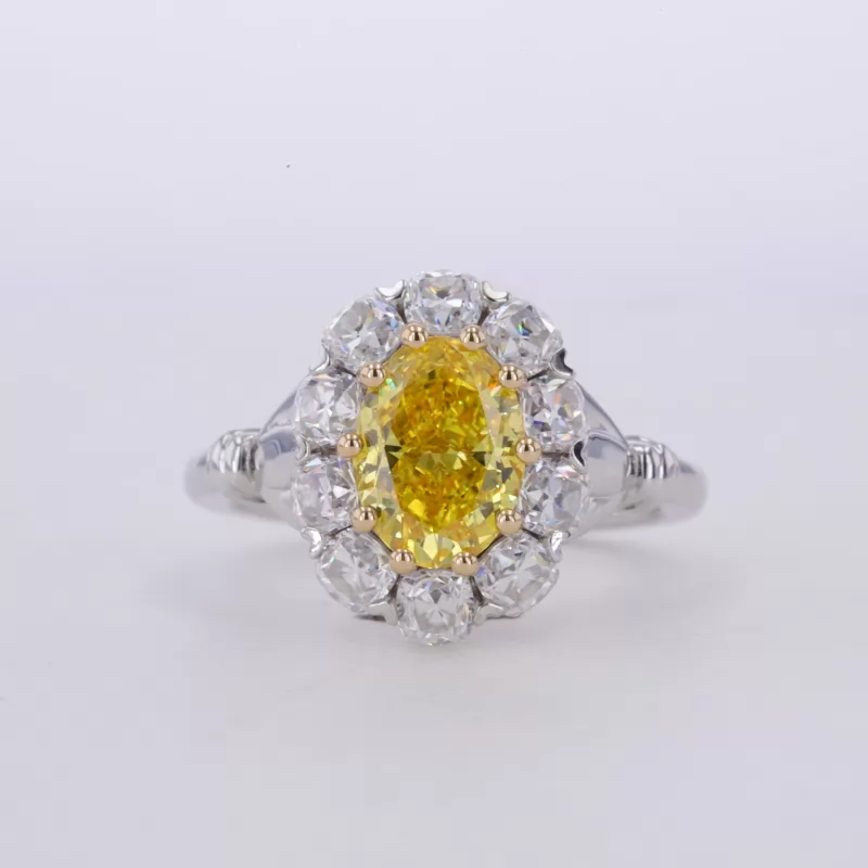 9.01×6.7mm Oval Cut Yellow Color Lab Grown Diamond 14K White Gold Halo Engagement Ring