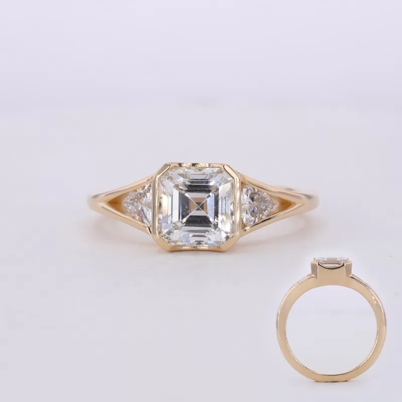 7.05×7.05mm Asscher Cut Lab Grown Diamond 14K Yellow Gold Three Stone Engagement Ring