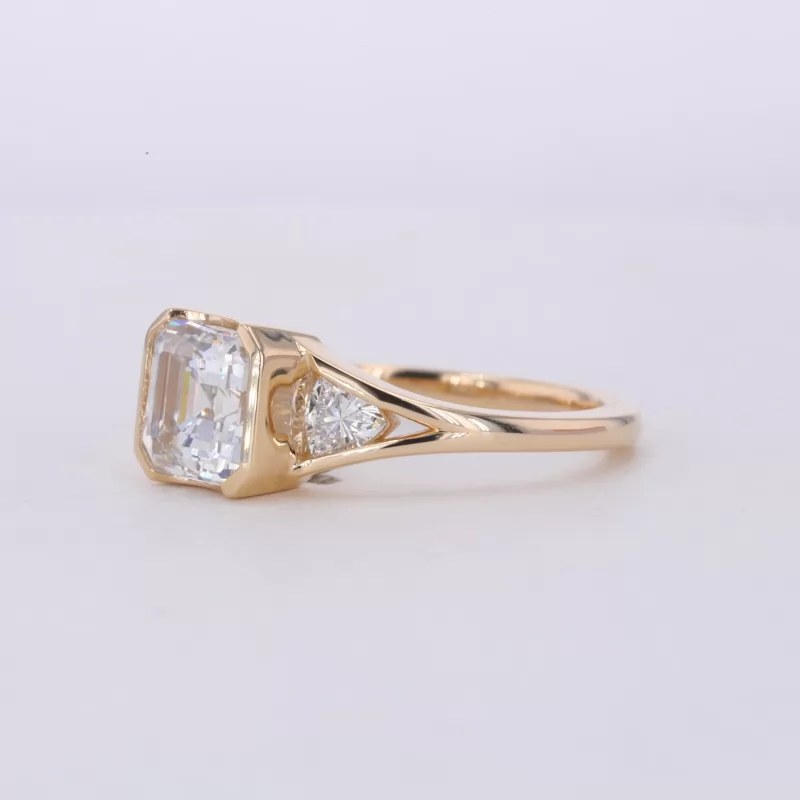 7.05×7.05mm Asscher Cut Lab Grown Diamond 14K Yellow Gold Three Stone Engagement Ring