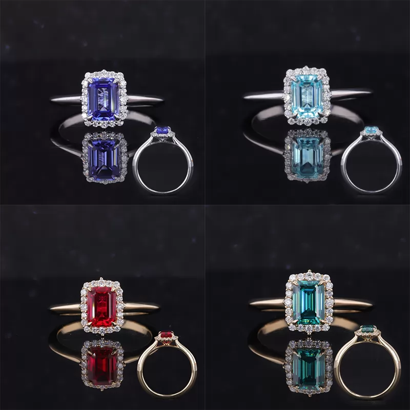 5×7mm Octagon Emerald Cut Lab Gemstones Halo Engagement Rings