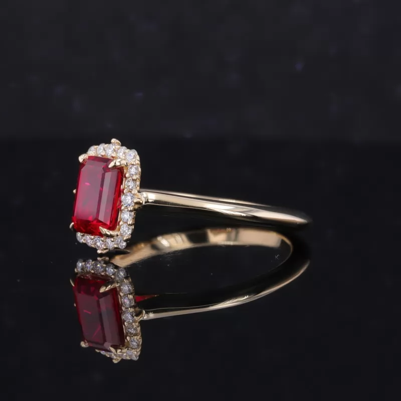 5×7mm Octagon Emerald Cut Lab Gemstones Halo Engagement Rings