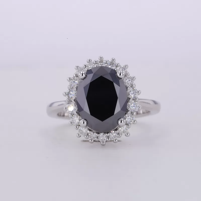 8×10.5mm Oval Cut Black Moissanite S925 Sterling Silver Halo Engagement Ring