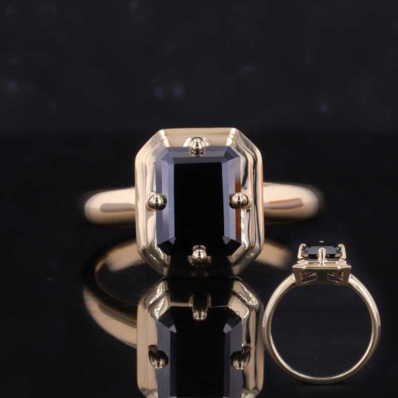 7×9mm Octagon Emerald Cut Black Moissanite 10K Yellow Gold Solitaire Engagement Ring